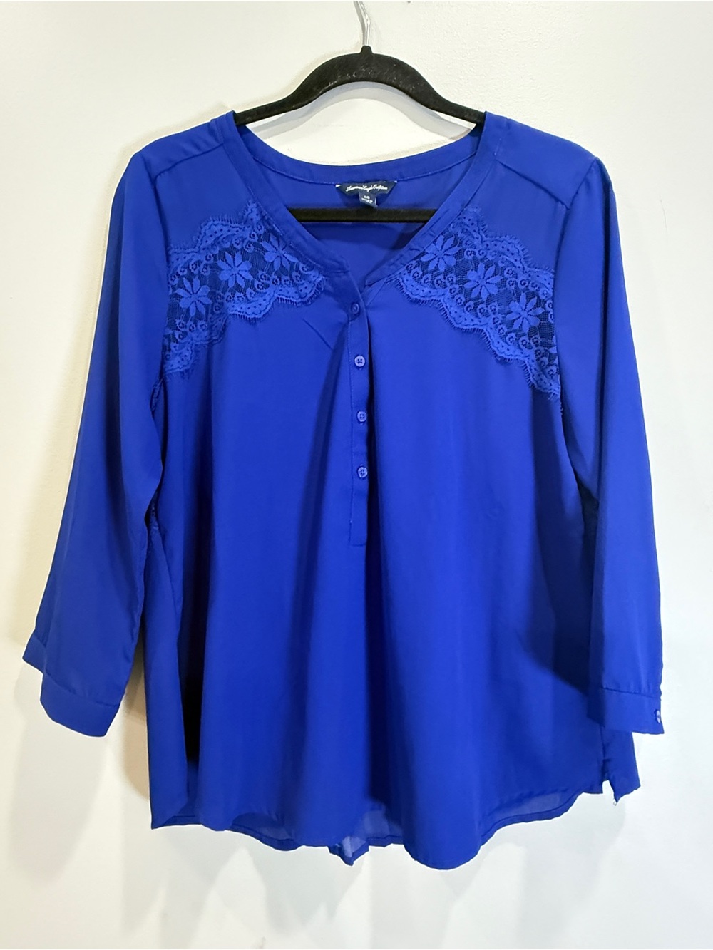 American Eagle Outfitters Royal Blue Lace-Yoke Henley Blouse